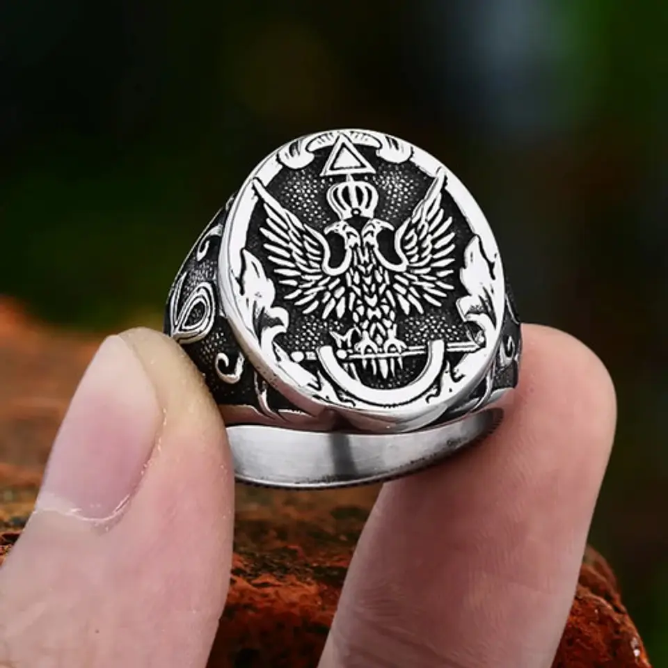 Anillo Para Hombre Con Águila Bicéfala Color Plata En Acero 4