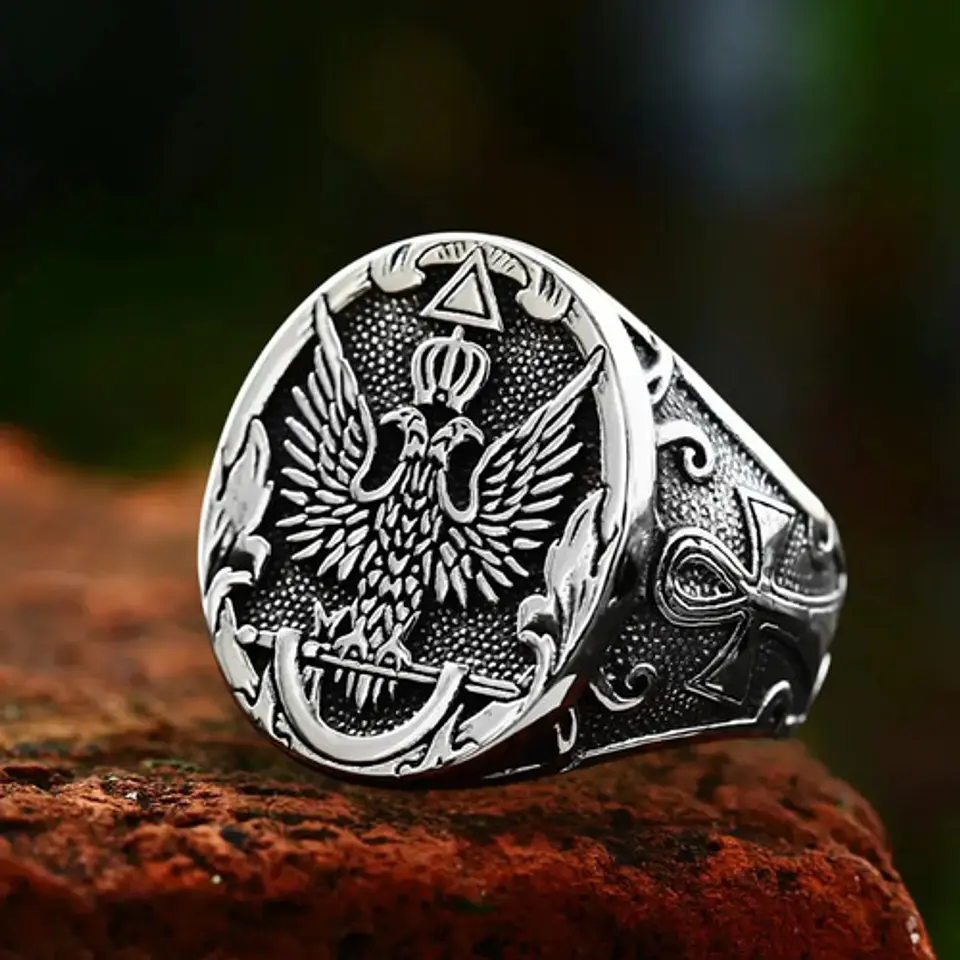 Anillo Para Hombre Con Águila Bicéfala Color Plata En Acero 6