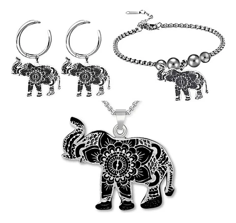 Set Collar Pendientes Pulsera Elefante Flor De Loto De Acero Plateado