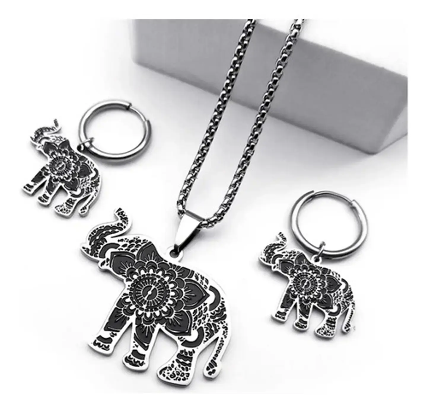 Set Collar Pendientes Pulsera Elefante Flor De Loto De Acero Plateado 5