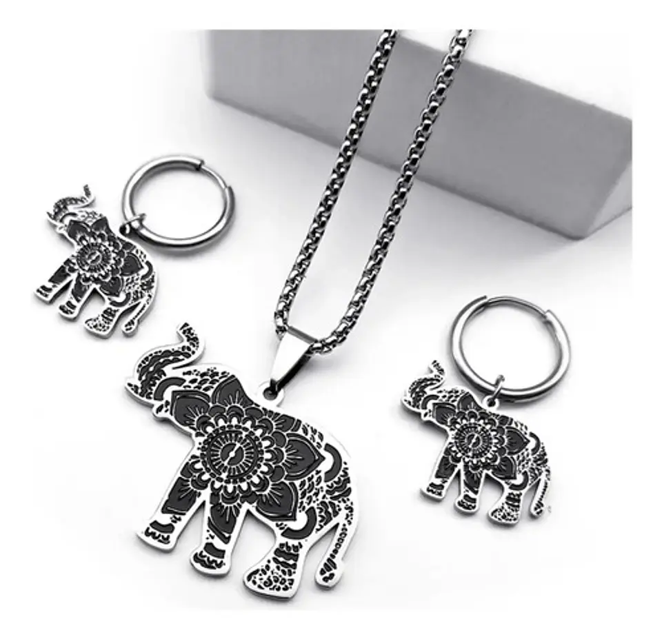 Set Collar Pendientes Pulsera Elefante Flor De Loto De Acero Plateado 5