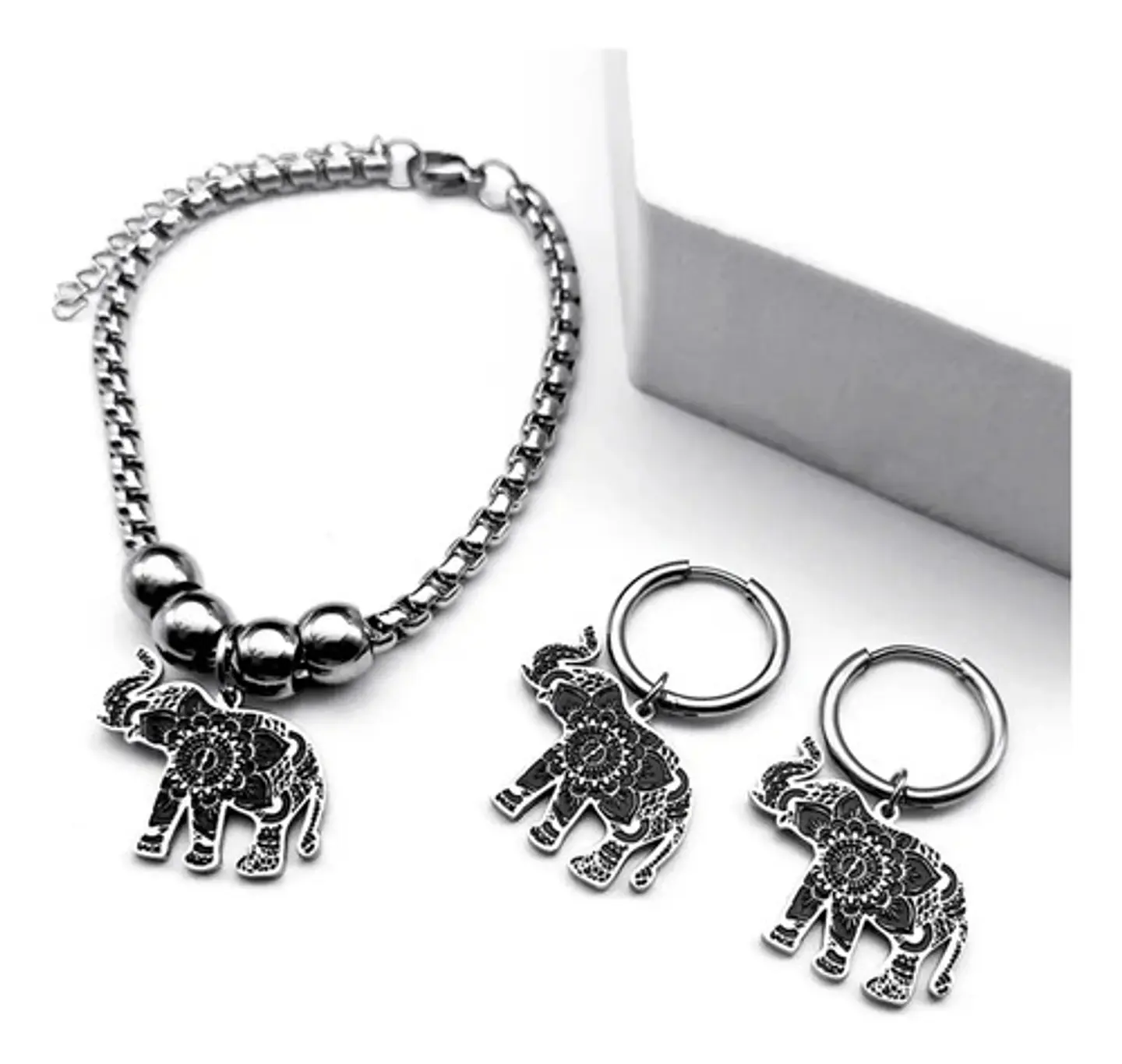 Set Collar Pendientes Pulsera Elefante Flor De Loto De Acero Plateado 6