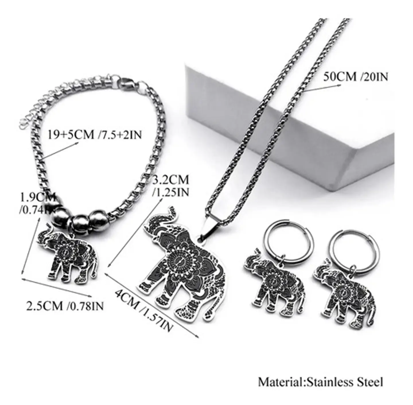Set Collar Pendientes Pulsera Elefante Flor De Loto De Acero Plateado 7