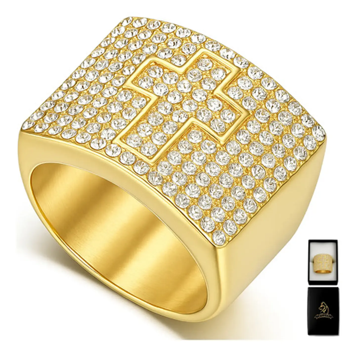 Anillo Lujoso Para Hombre Cruz Cz Hip Hop De Acero Color Oro 1