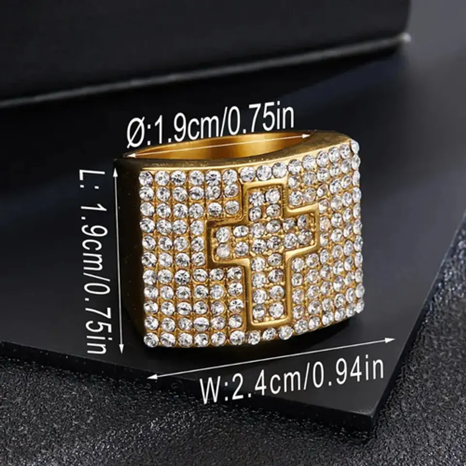 Anillo Lujoso Para Hombre Cruz Cz Hip Hop De Acero Color Oro 6