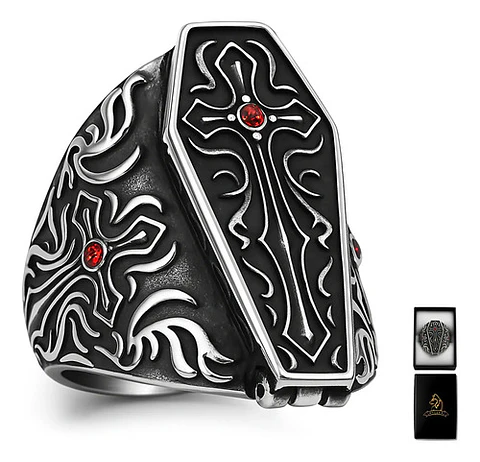 Gran Anillo Para Hombre Con Piedra Roja Estilo Punk Ataúd 