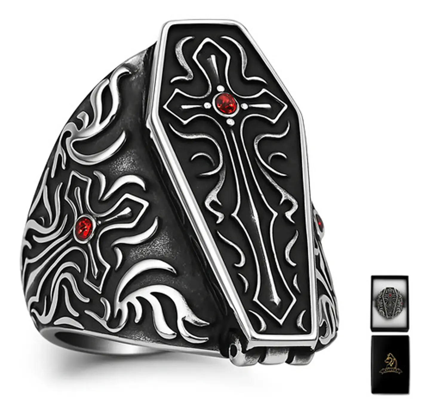Gran Anillo Para Hombre Con Piedra Roja Estilo Punk Ataúd  1