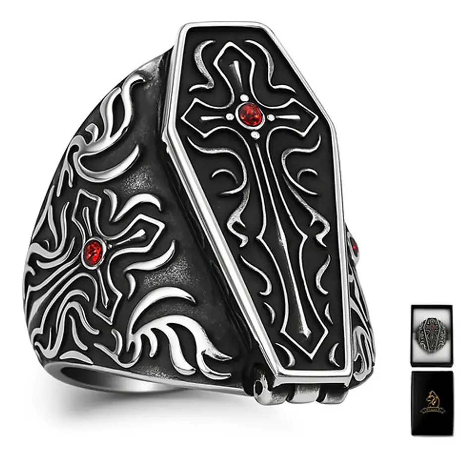 Gran Anillo Para Hombre Con Piedra Roja Estilo Punk Ataúd  1