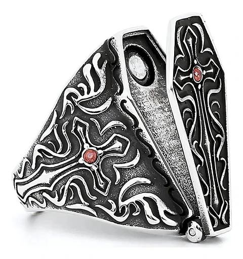 Gran Anillo Para Hombre Con Piedra Roja Estilo Punk Ataúd 