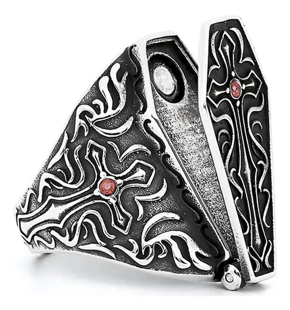 Gran Anillo Para Hombre Con Piedra Roja Estilo Punk Ataúd  2