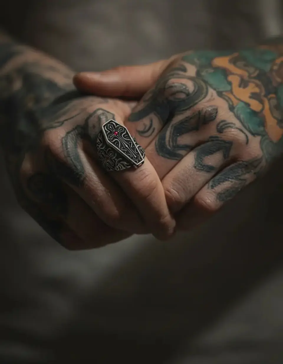 Gran Anillo Para Hombre Con Piedra Roja Estilo Punk Ataúd  10