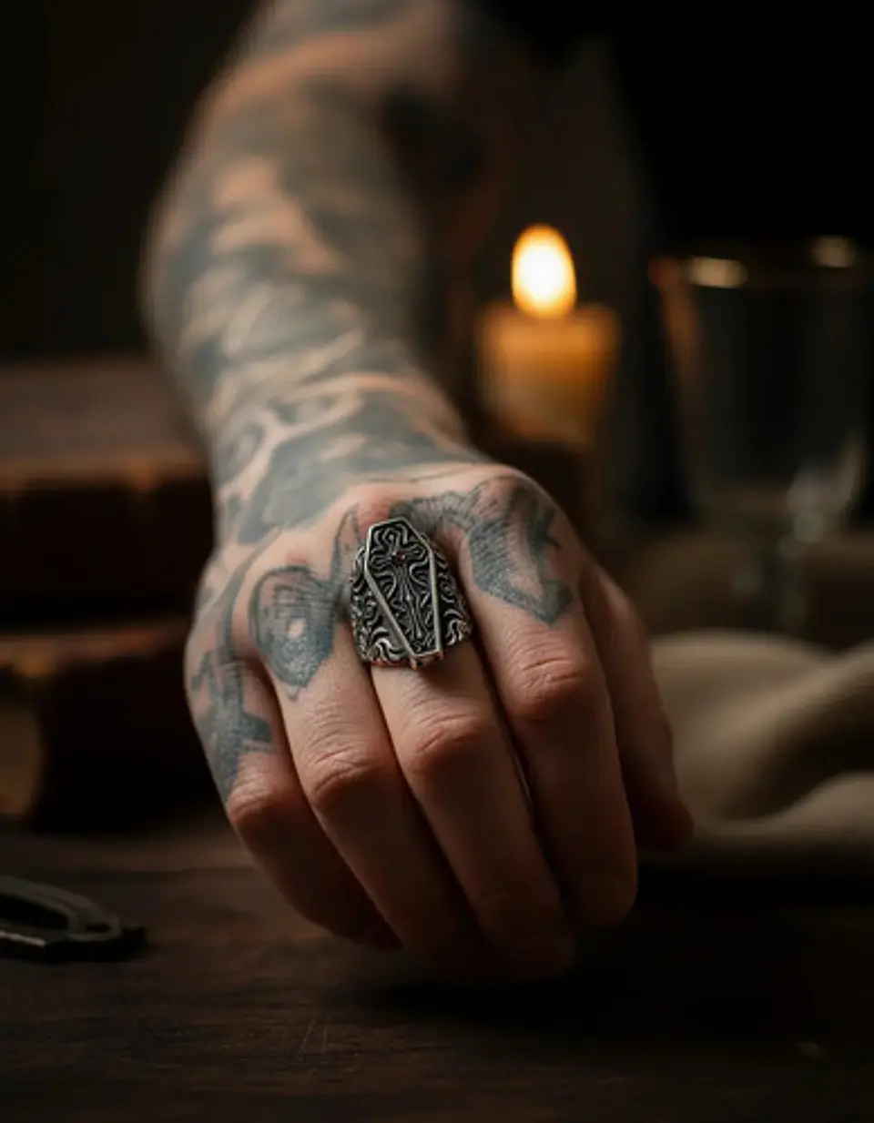 Gran Anillo Para Hombre Con Piedra Roja Estilo Punk Ataúd  11
