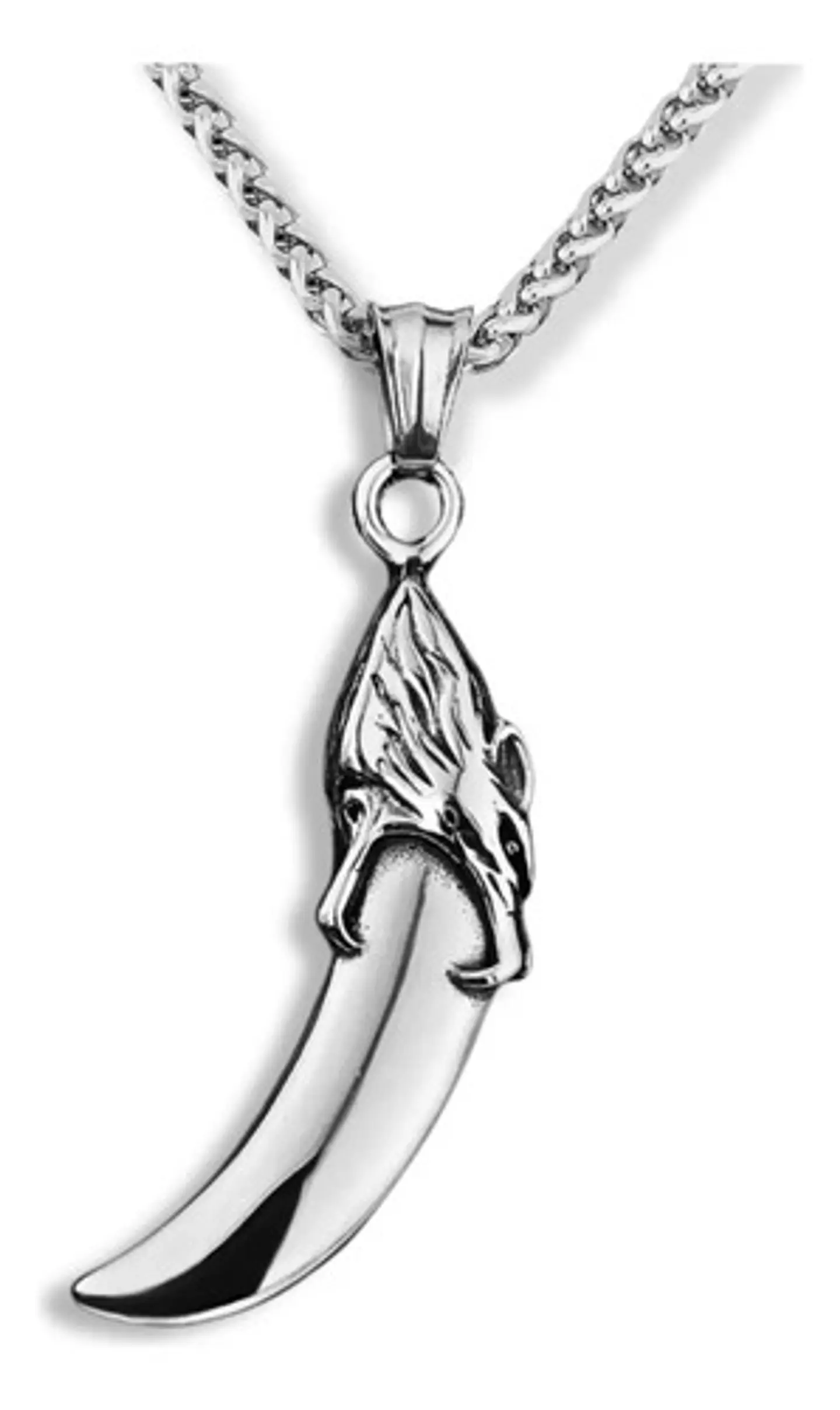 Collar Vikingo Para Hombre Con Dije Diente Lobo De Acero  Plateado 1