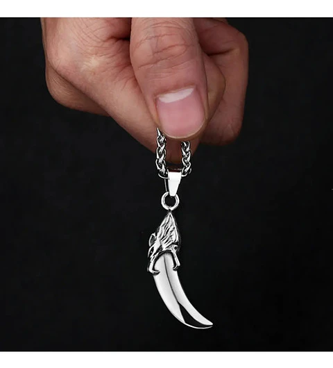 Collar Vikingo Para Hombre Con Dije Diente Lobo De Acero  Plateado