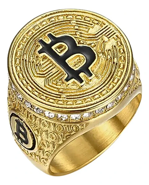 Anillo Para Hombre Cripto Bitcoin Hip Hop De Acero Color Oro