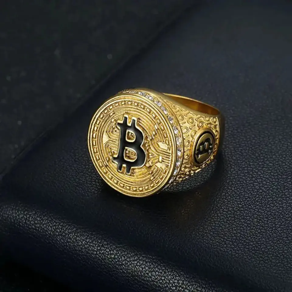 Anillo Para Hombre Cripto Bitcoin Hip Hop De Acero Color Oro 3