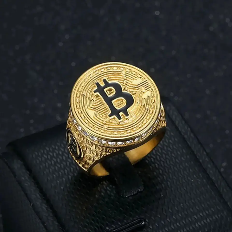 Anillo Para Hombre Cripto Bitcoin Hip Hop De Acero Color Oro 4