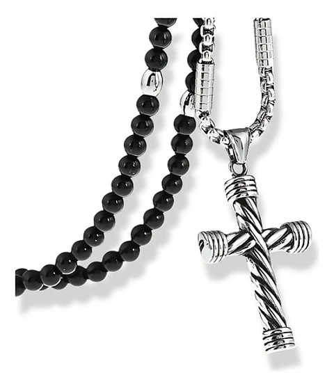 Collar Color Plata Cruz Piedras Acero Inoxidable Para Hombre