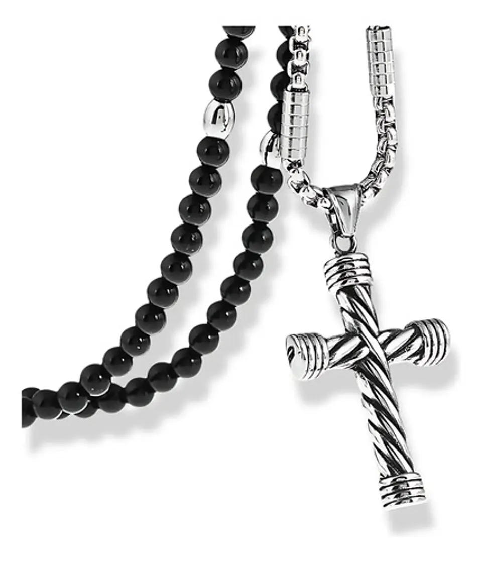 Collar Color Plata Cruz Piedras Acero Inoxidable Para Hombre 1