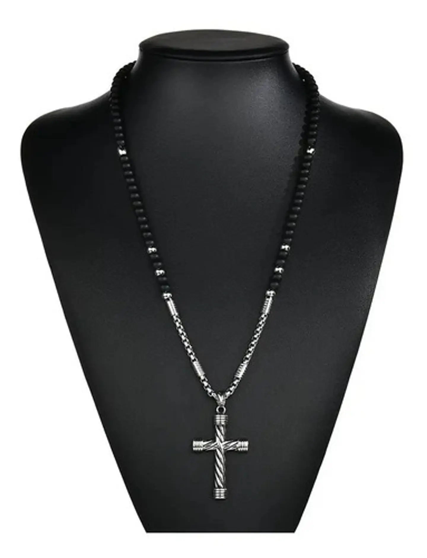 Collar Color Plata Cruz Piedras Acero Inoxidable Para Hombre 5