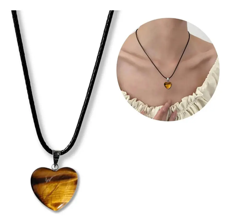 Collar Para Mujer Y Dije Piedra Ojo De Tigre Natural Corazón 16