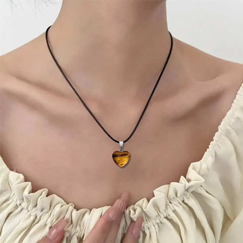 Collar Para Mujer Y Dije Piedra Ojo De Tigre Natural Corazón 19