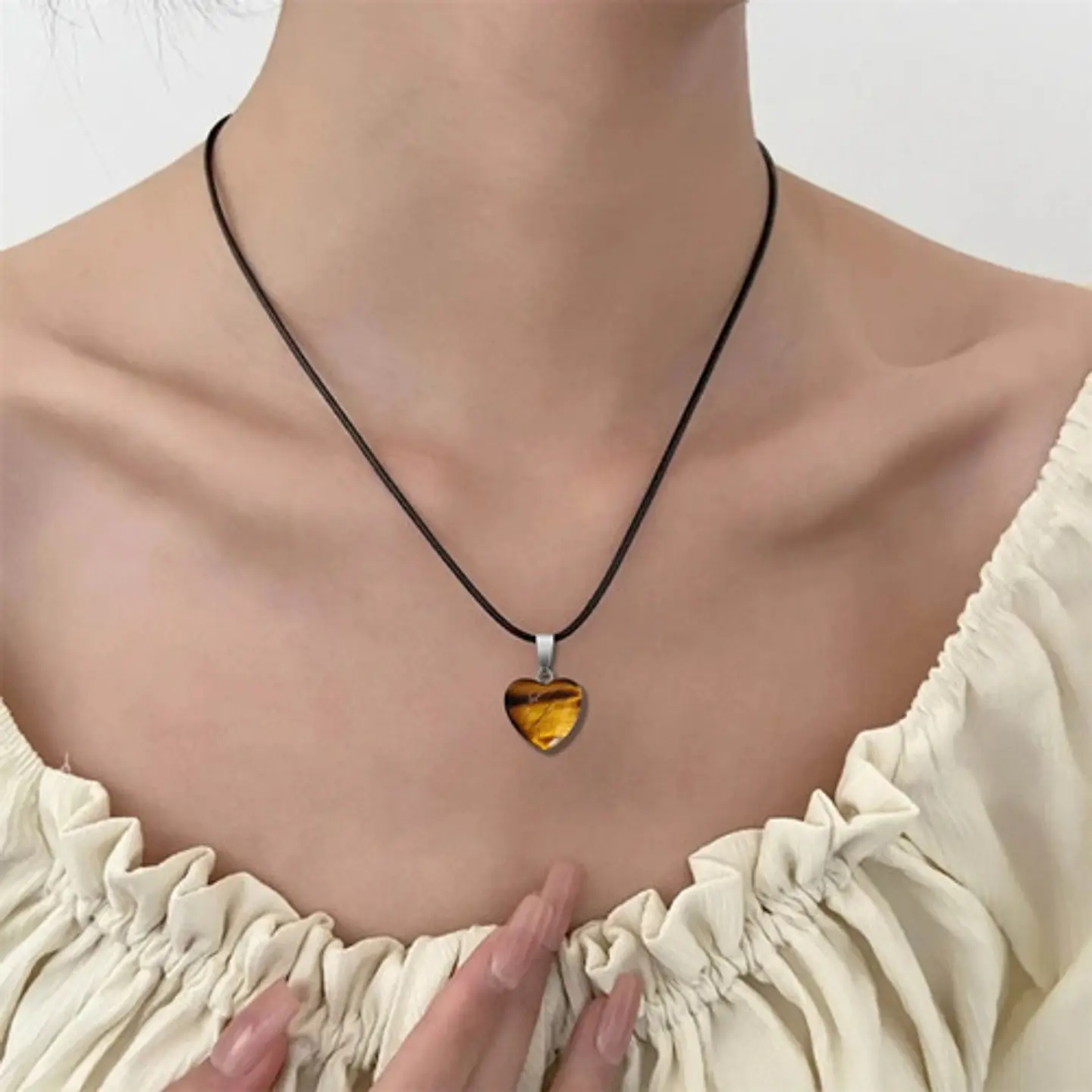 Collar Para Mujer Y Dije Piedra Ojo De Tigre Natural Corazón 23