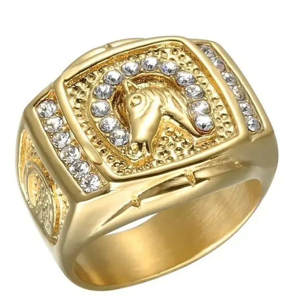 Anillo Para Hombre Con Piedras Caballo Hip Hop De Color Oro 1