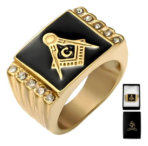Anillo Para Hombres Acero De Color Oro Símbolo Masón Piedras