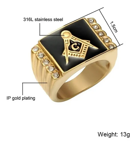 Anillo Para Hombres Acero De Color Oro Símbolo Masón Piedras