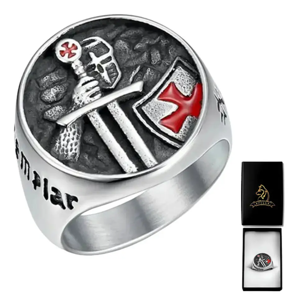 Anillo Para Hombre De Acero Caballero Templario Color Plata  1