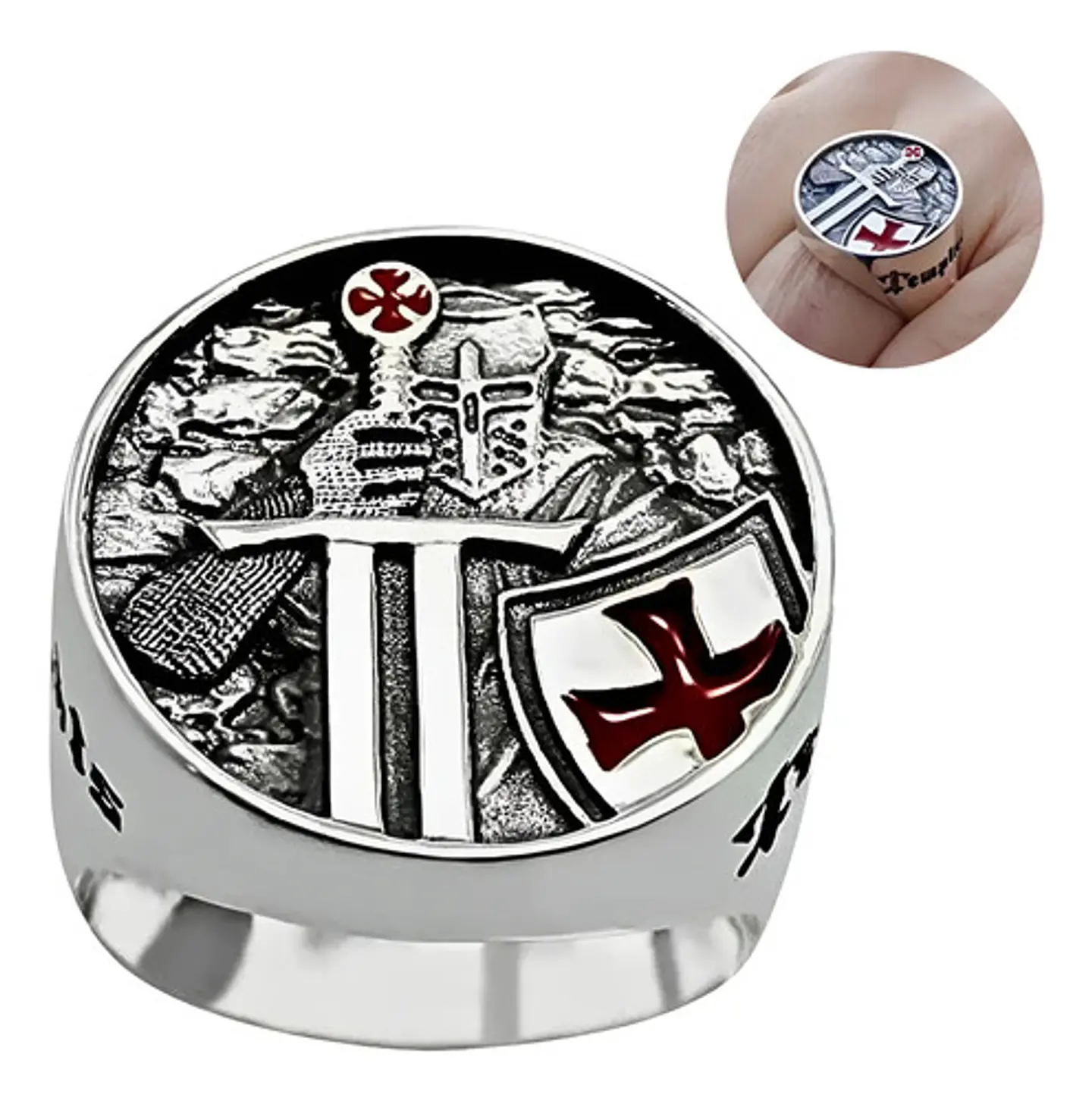 Anillo Para Hombre De Acero Caballero Templario Color Plata  2