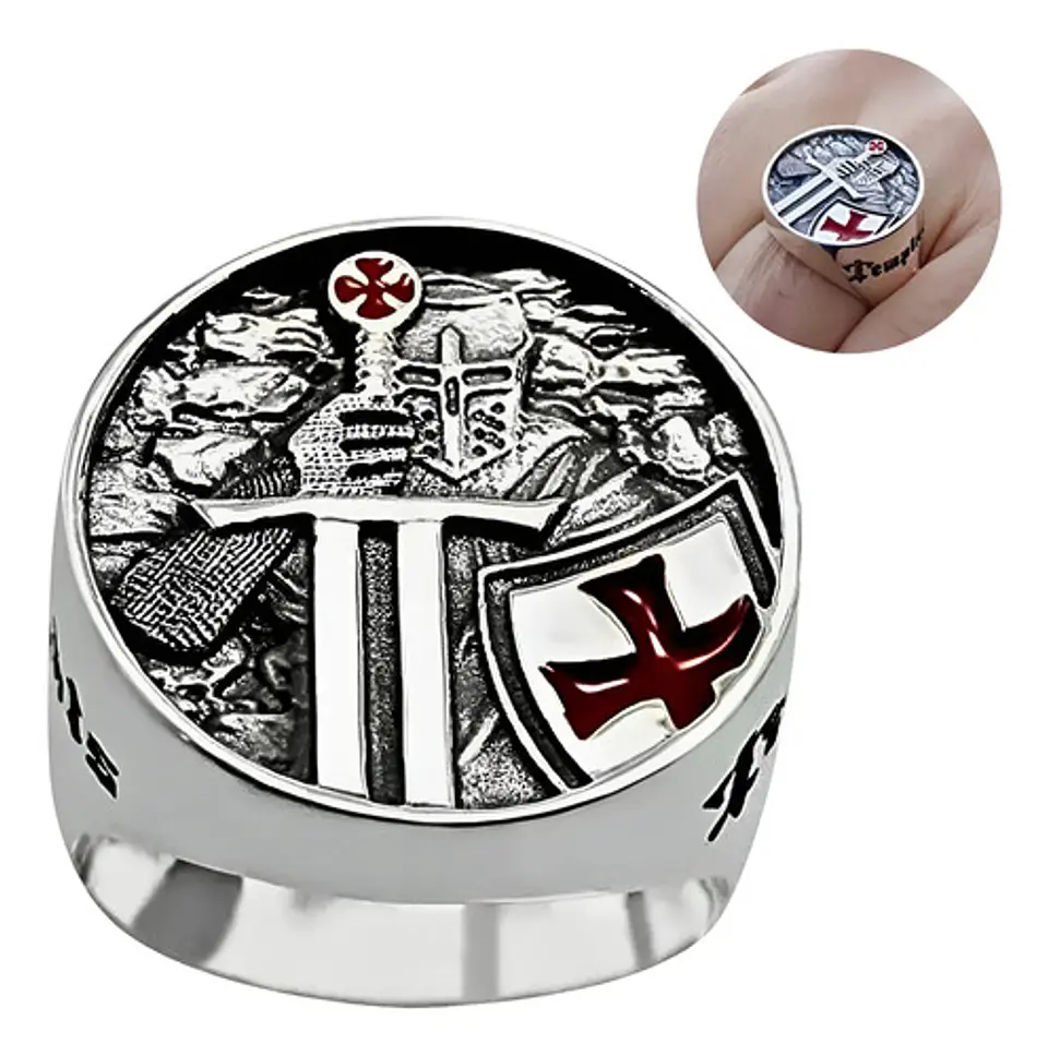 Anillo Para Hombre De Acero Caballero Templario Color Plata  2
