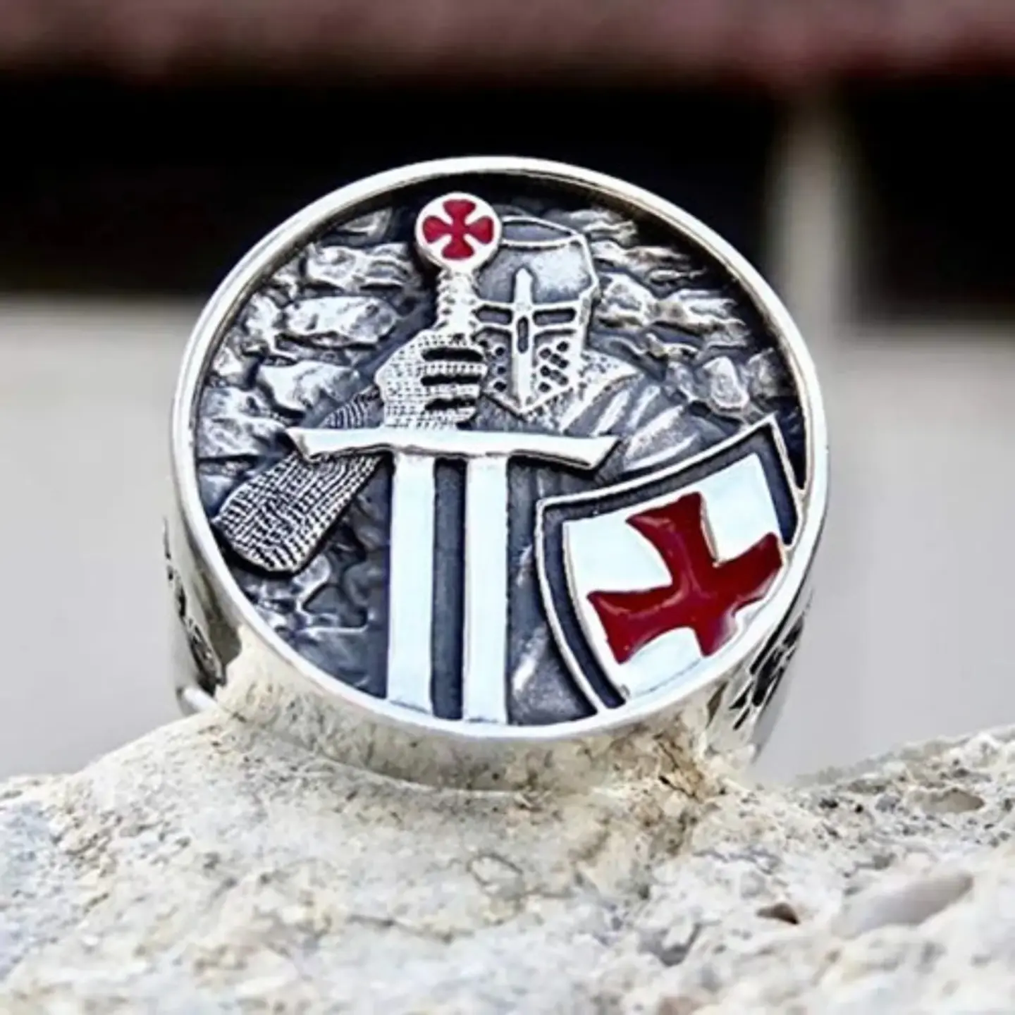 Anillo Para Hombre De Acero Caballero Templario Color Plata  5