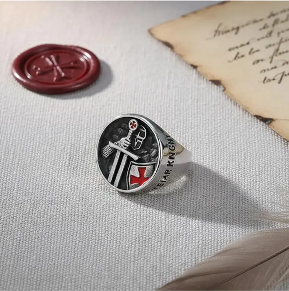 Anillo Para Hombre De Acero Caballero Templario Color Plata  7