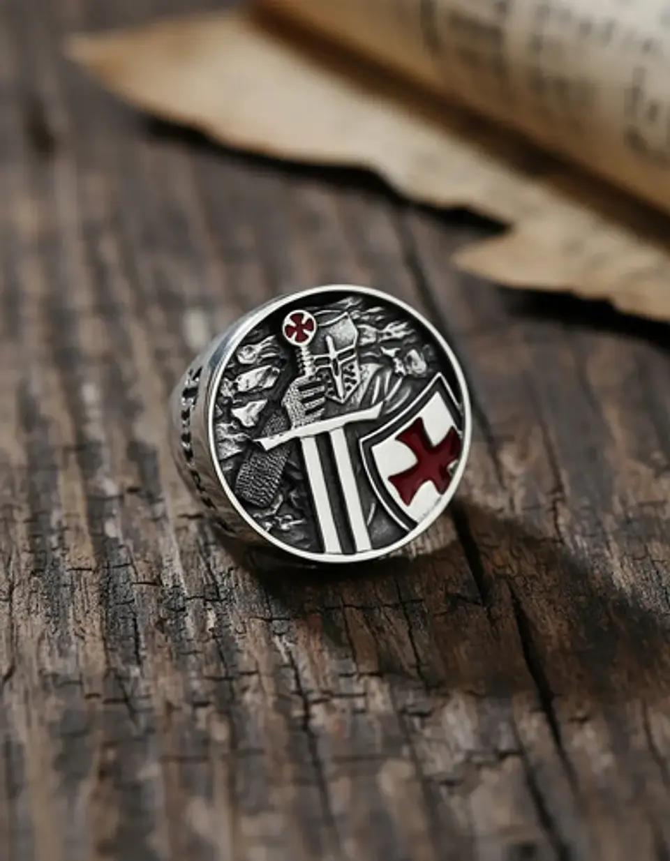 Anillo Para Hombre De Acero Caballero Templario Color Plata  8