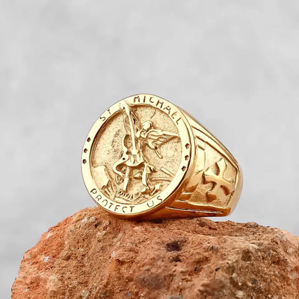 Anillo Para Hombre Mujer Con Arcángel San Miguel Color Oro  6