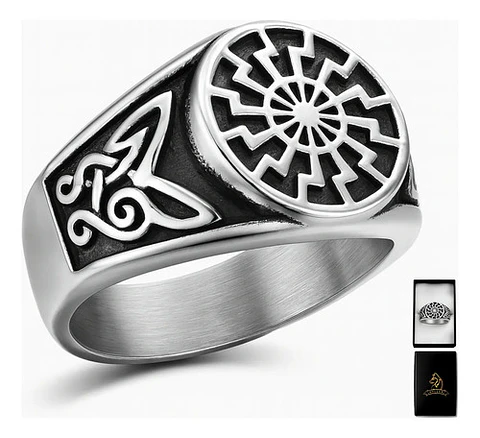 Anillo Para  Hombre Acero Color Plata Vikingo Rueda Solar