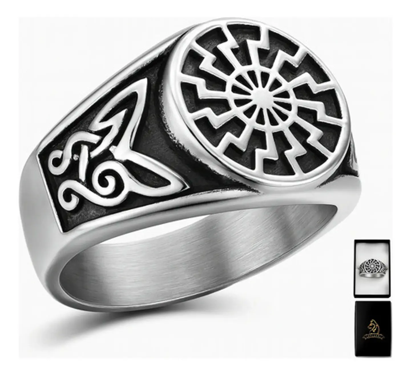 Anillo Para  Hombre Acero Color Plata Vikingo Rueda Solar 1