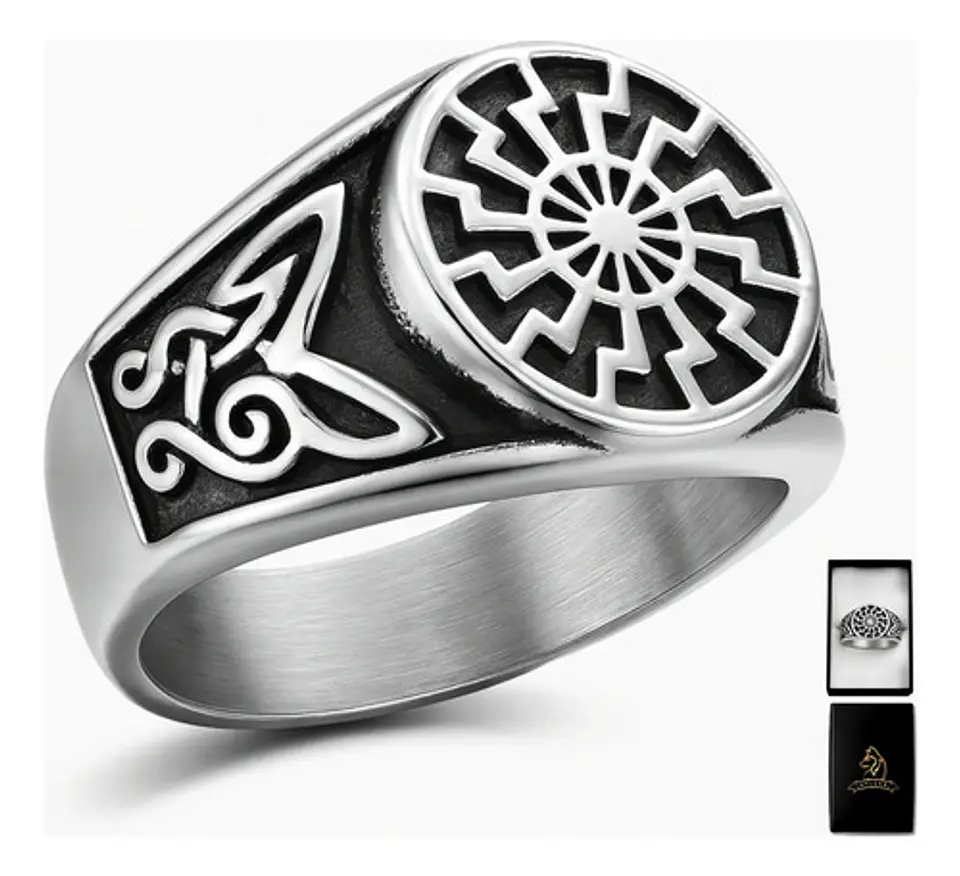 Anillo Para  Hombre Acero Color Plata Vikingo Rueda Solar 1