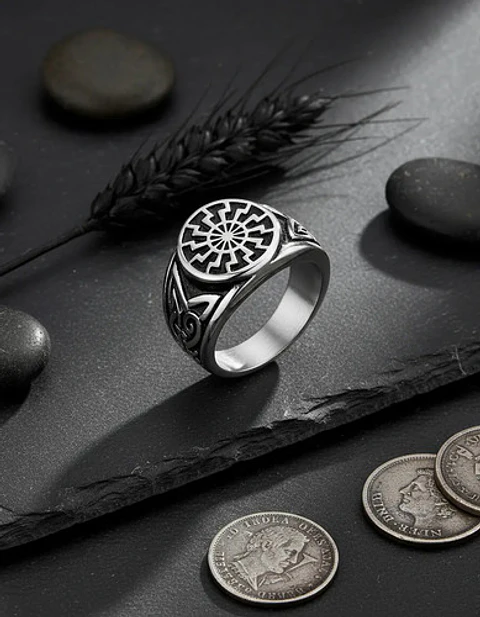 Anillo Para  Hombre Acero Color Plata Vikingo Rueda Solar