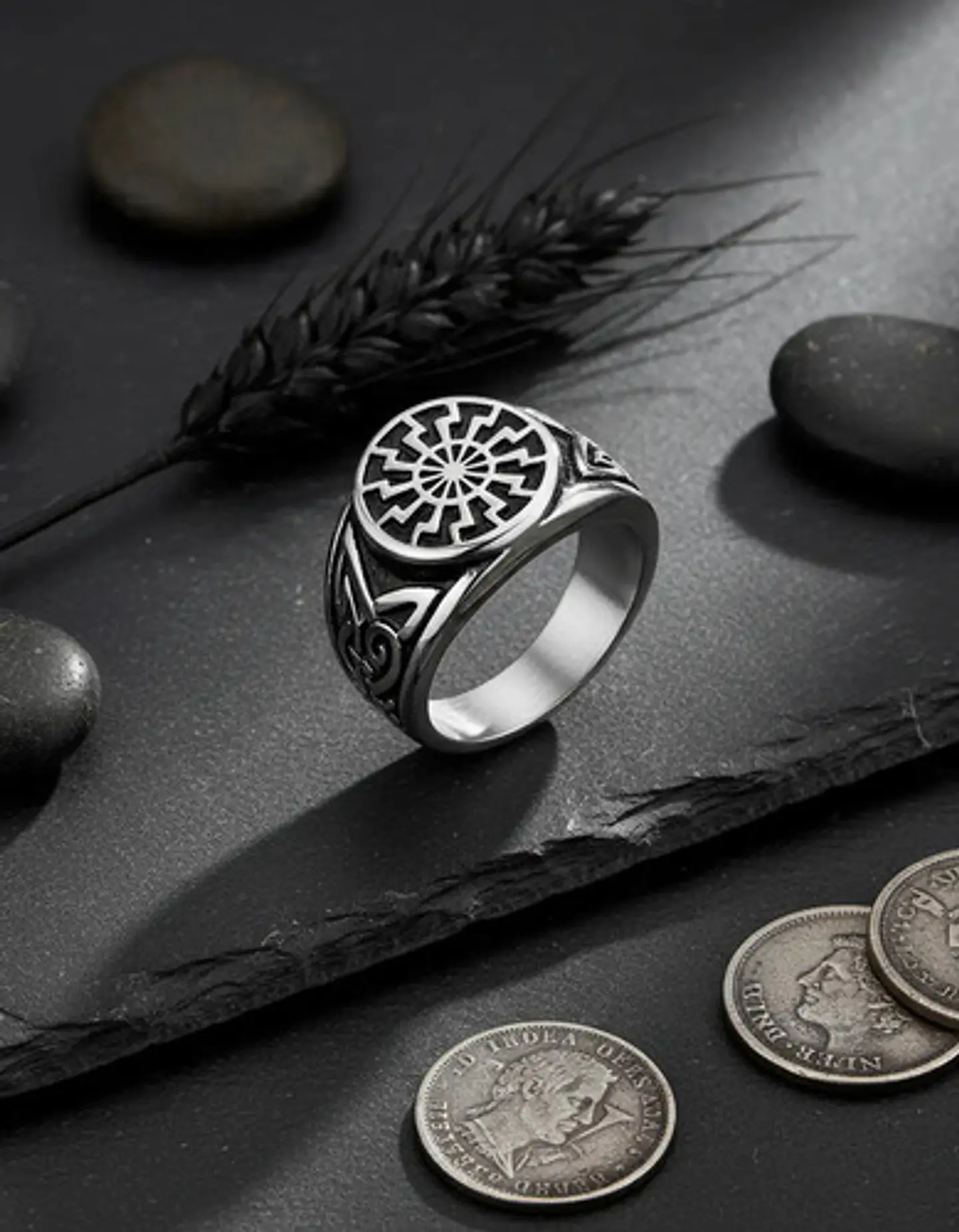 Anillo Para  Hombre Acero Color Plata Vikingo Rueda Solar 2