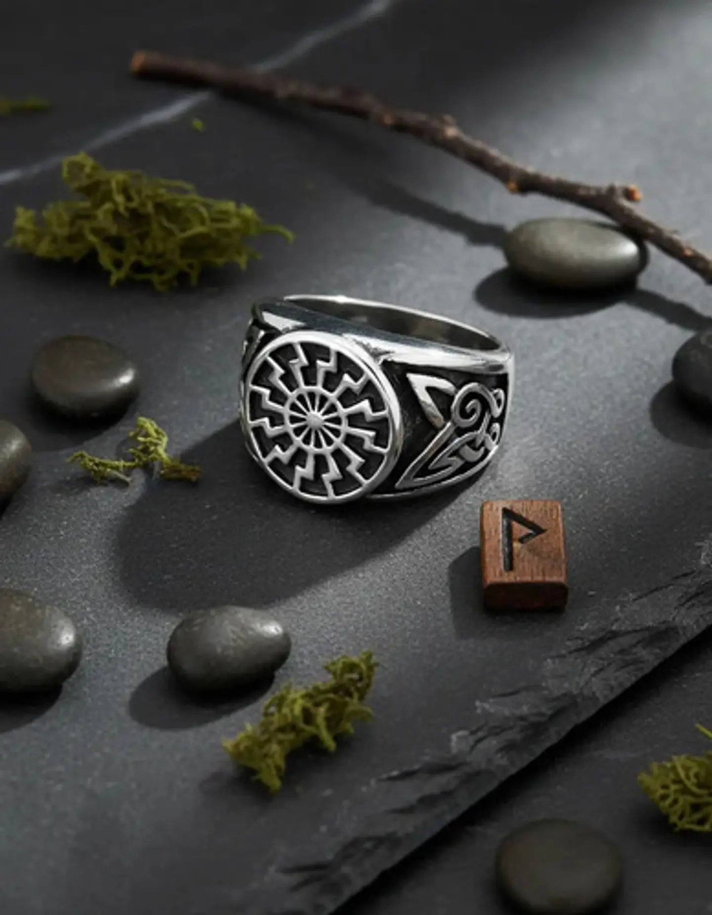 Anillo Para  Hombre Acero Color Plata Vikingo Rueda Solar 3