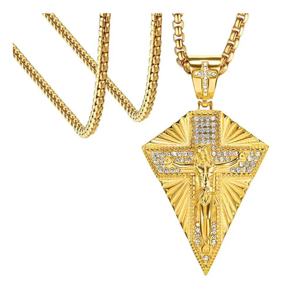 Collar Para Hombres Con Dije Cruz De Jesús Color Oro Hip Hop Dorado 1