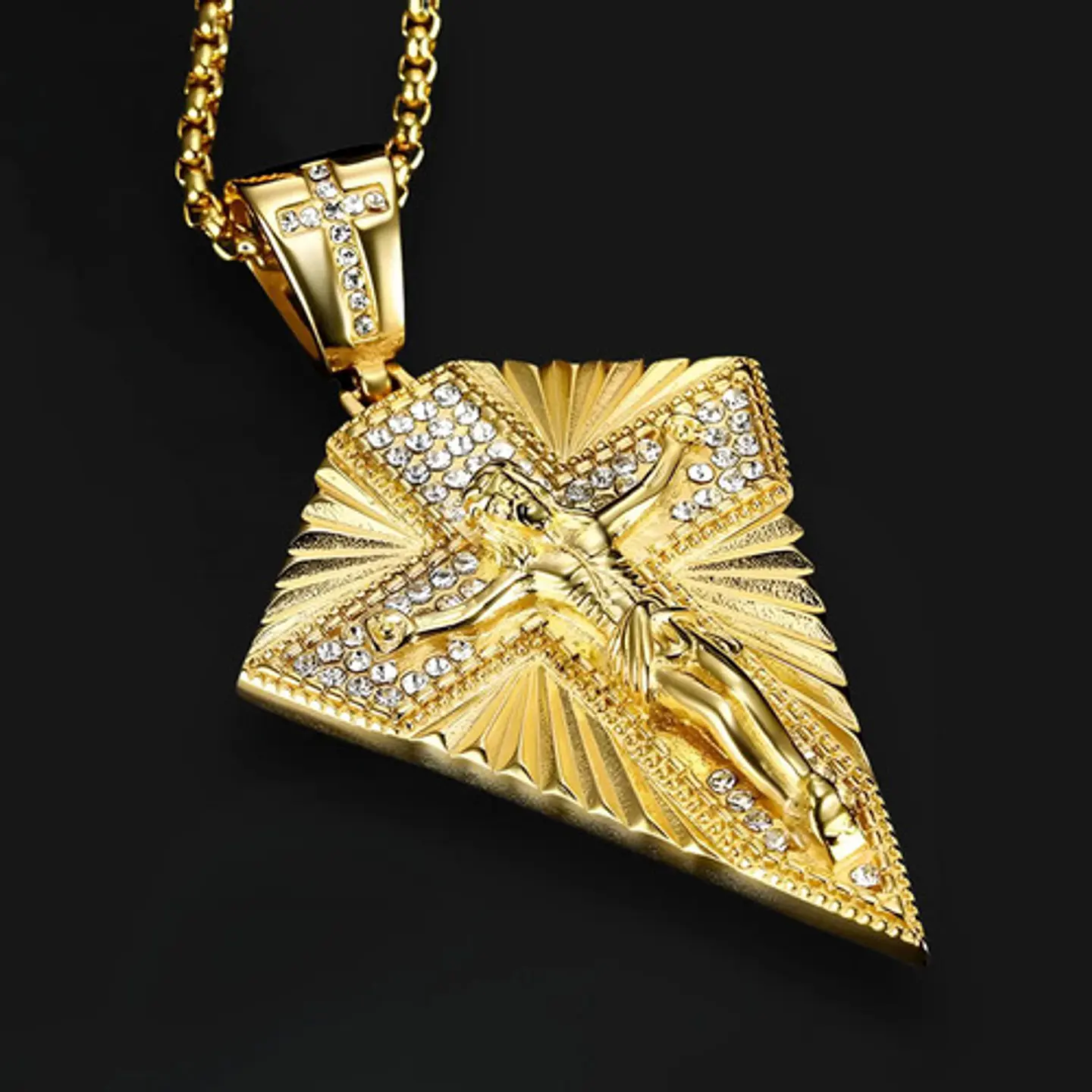 Collar Para Hombres Con Dije Cruz De Jesús Color Oro Hip Hop Dorado 5