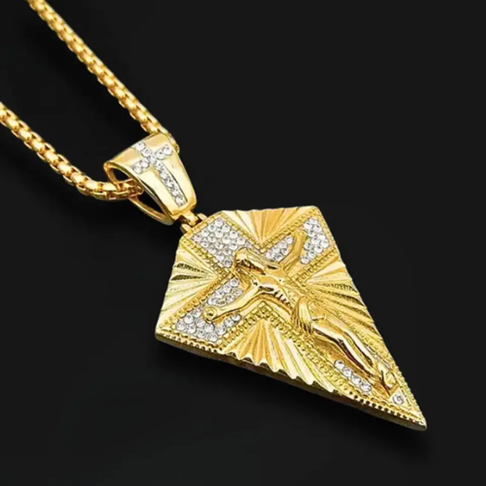 Collar Para Hombres Con Dije Cruz De Jesús Color Oro Hip Hop Dorado 6