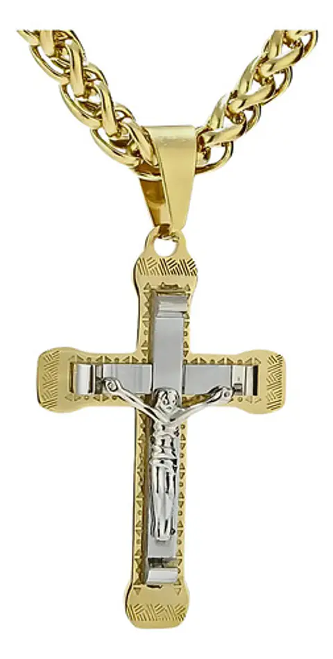 Collar Para Hombres Dije Crucifijo Cristo De Acero Color Oro