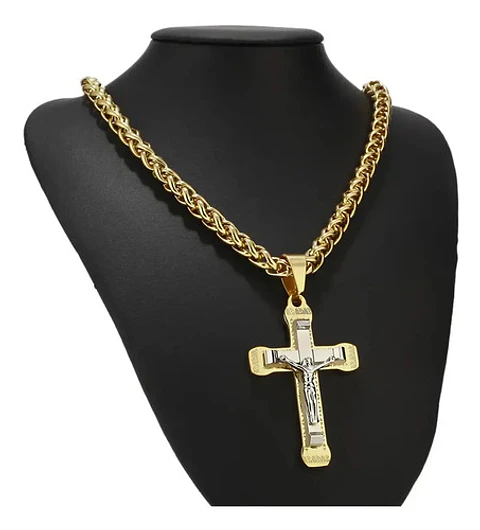 Collar Para Hombres Dije Crucifijo Cristo De Acero Color Oro