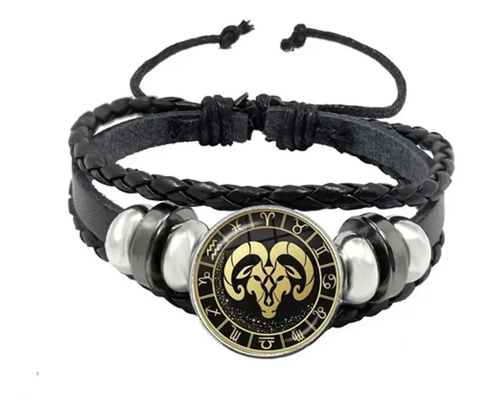 Pulsera Manilla Cuero Para Hombre Mujer Con Signos Zodiacal 17