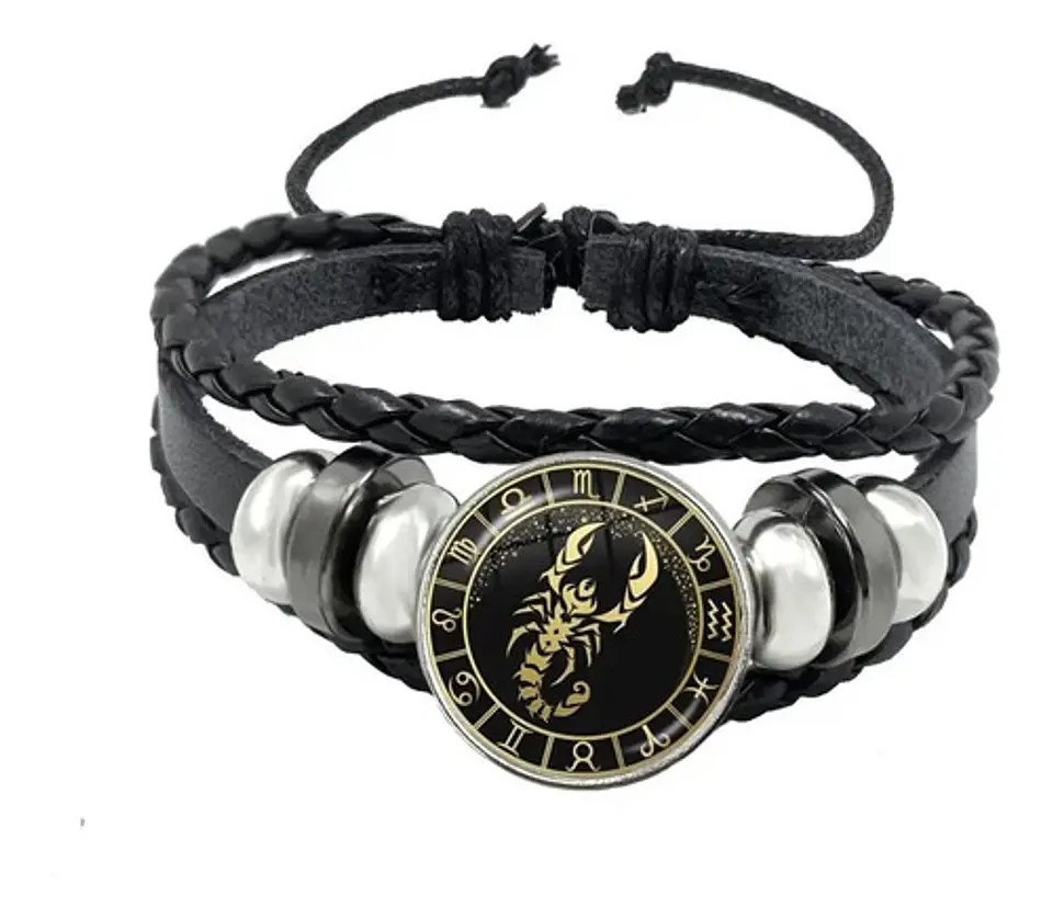 Pulsera Manilla Cuero Para Hombre Mujer Con Signos Zodiacal 25